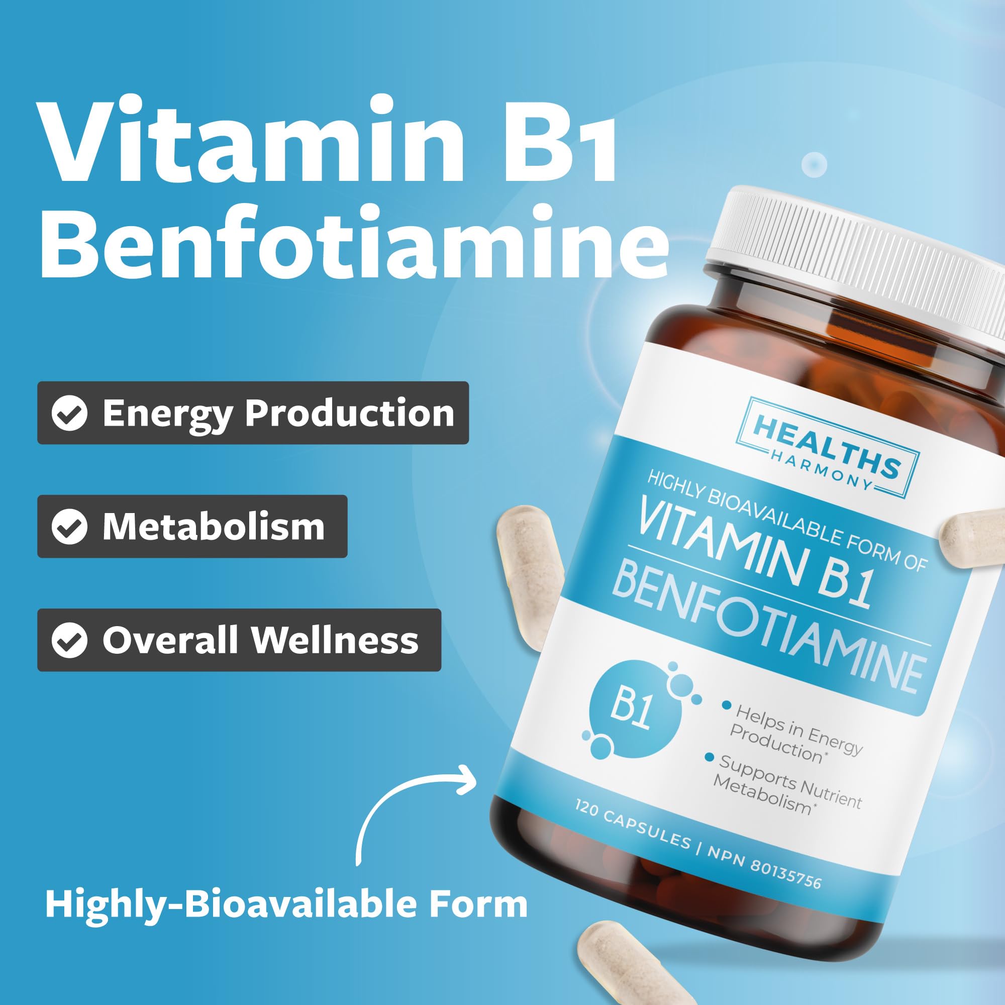 Vitamin B1 Benfotiamine 100mg - High Absorption Energy & Metabolism Support - Highly Bioavailable Thiamine B1 Supplement to Support Energy Production & Metabolism - Made in Canada, Non-GMO - 120 Ct 🍁 All In One Marketplace Canada