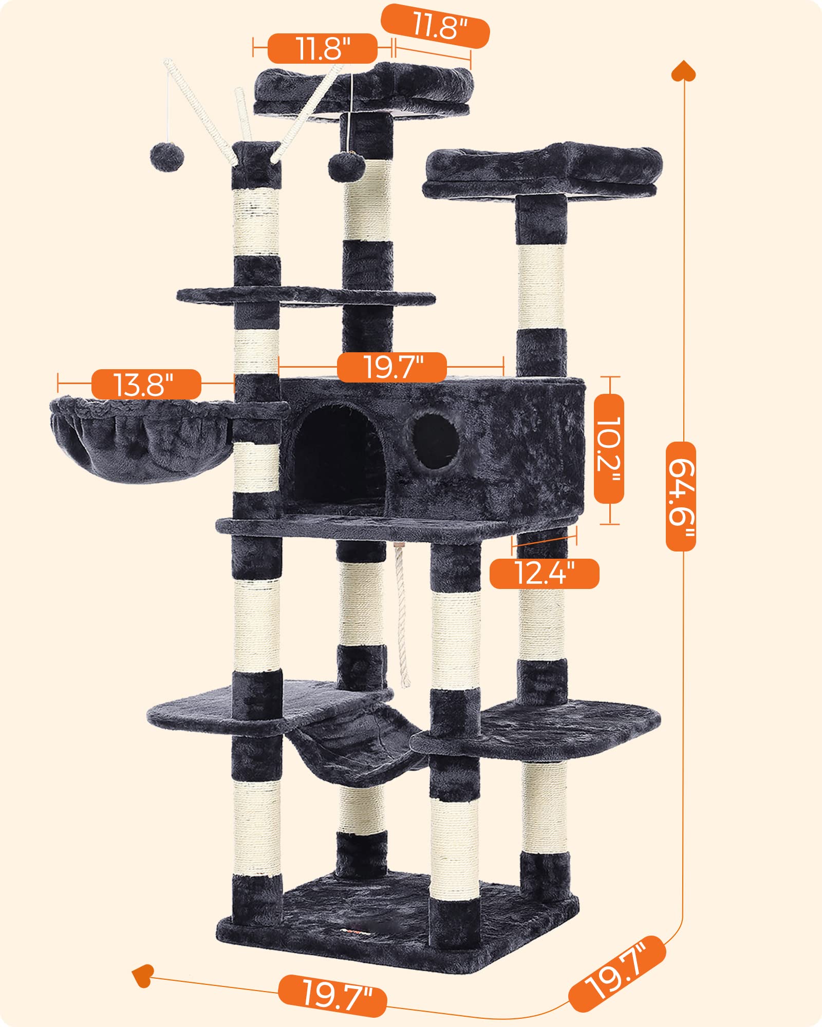 FEANDREA Cat Tree, Large Cat Tower, 64.6 Inches Cat Activity Center 🍁 All In One Marketplace Canada