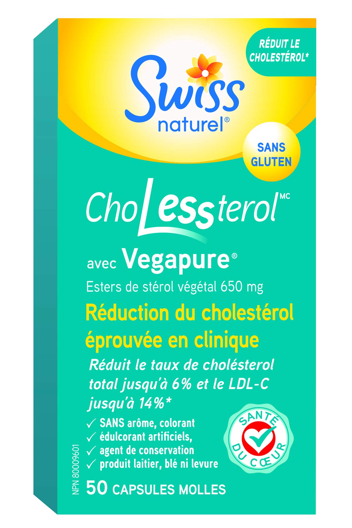 Swiss Natural ChoLessterol with Vegapure | Clinically Proven to Lower LDL Cholesterol & Improves Heart Health | Plant Sterol Esters | 50 Soft Gel Capsules | 650 mg 🍁 All In One Marketplace Canada