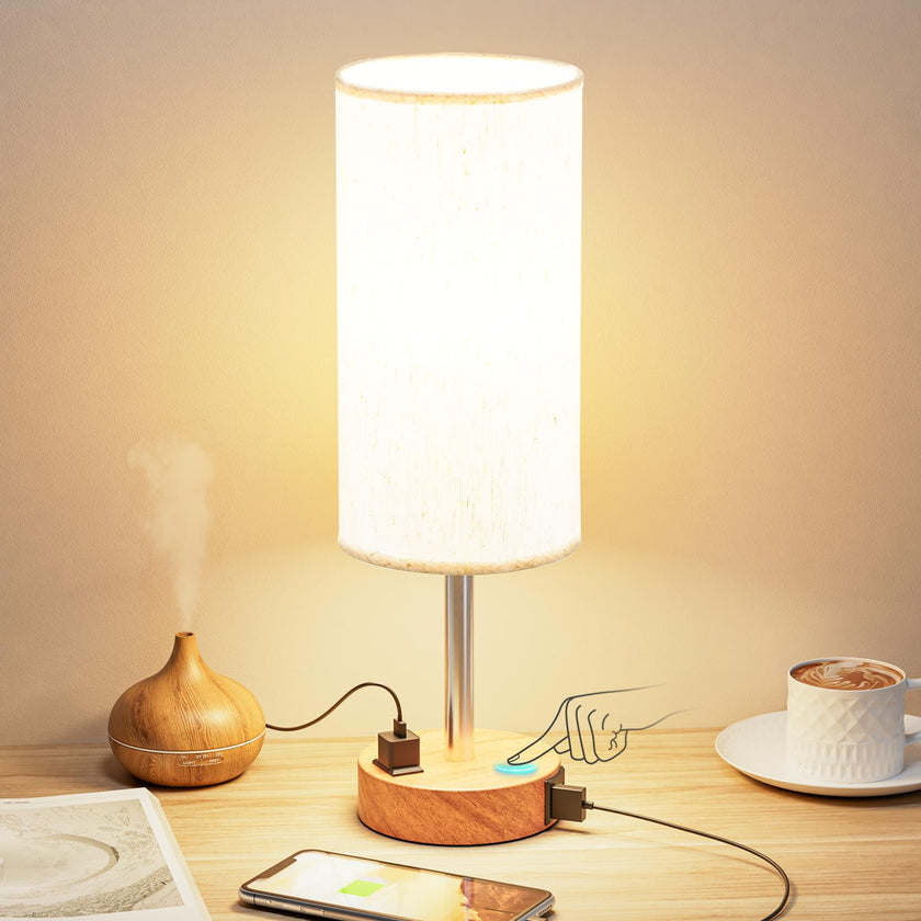 Fenmzee Bedside Table Lamp for Bedroom - 3 Way Dimmable Touch Lamp USB C Charging Ports and AC Outlet, Small Lamp Wood Base Round Flaxen Fabric Shade for Living Room, Desk, LED Bulb Included 🍁 All In One Marketplace Canada