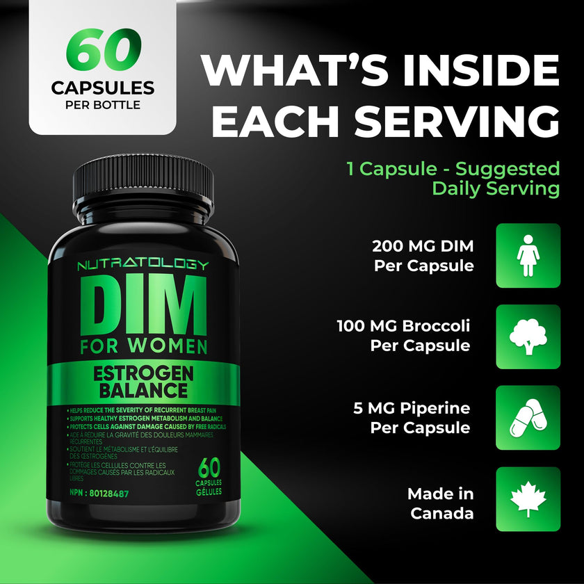 Nutratology® DIM Supplement For Women | Canadian-Made | Promotes Estrogen Balance & Metabolism - 200MG Per Capsule - Estrogen Supplements For Women | W/Black Pepper For Enhanced Absorption - 60 Caps 🍁 All In One Marketplace Canada