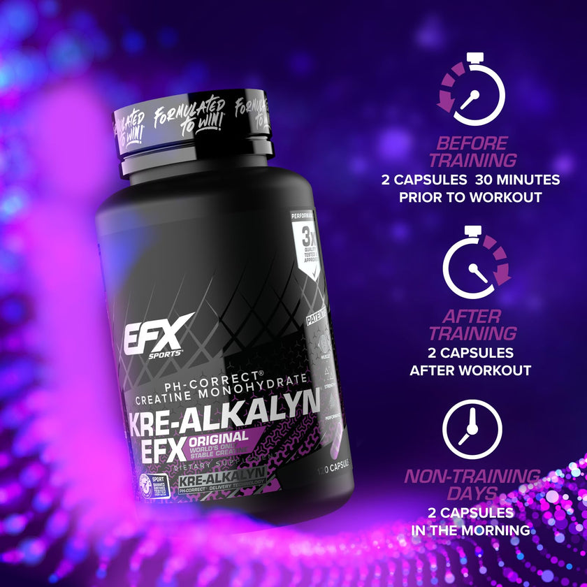 EFX Sports Kre-Alkalyn | PH-Correct Creatine Monohydrate | Informed-Choice, Gain Strength, Build Muscle & Enhance Performance I No Bloating, No Water Retention - 120 Capsules / 60 Servings 🍁 All In One Marketplace Canada