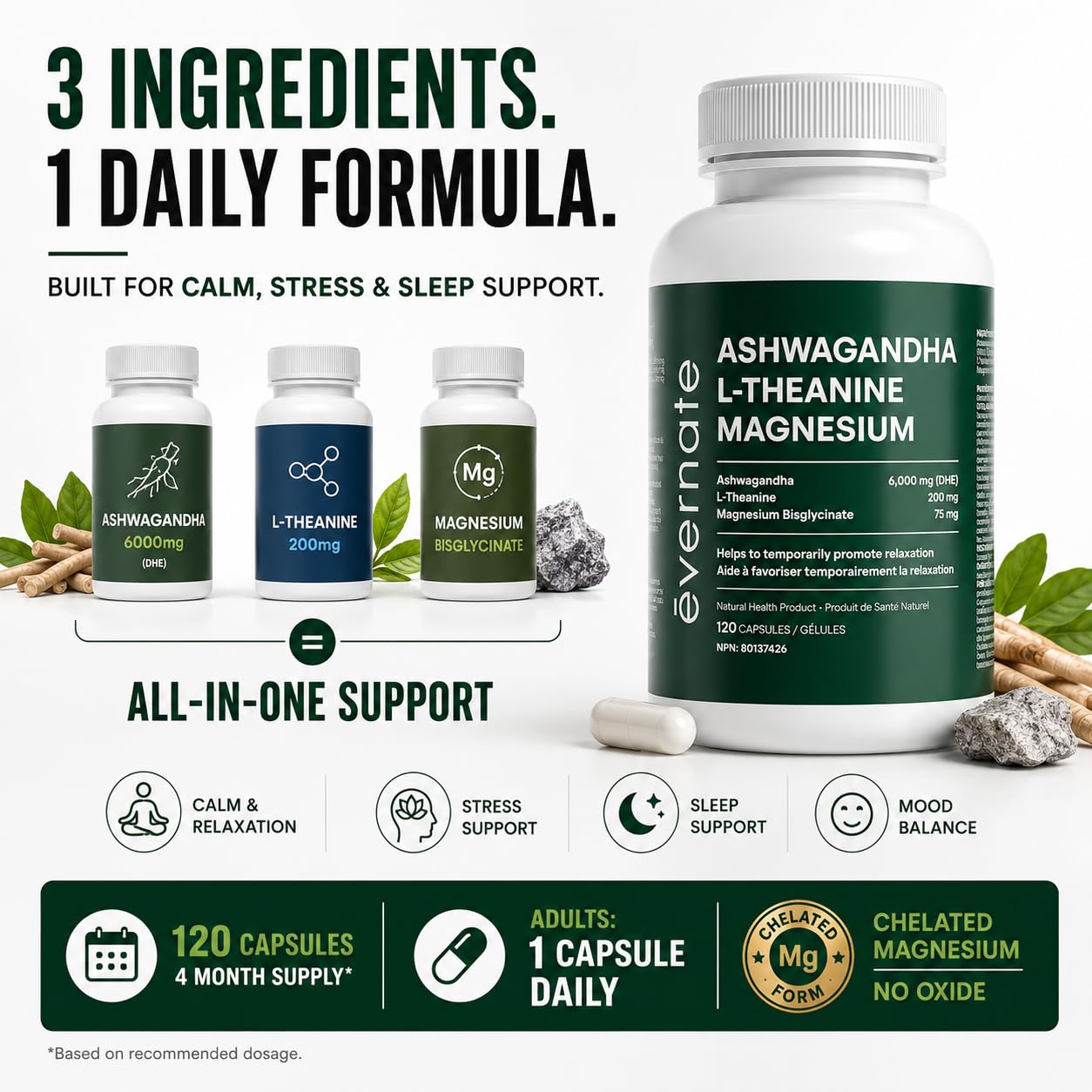 ALL-IN-ONE Ashwagandha 6000mg with L-Theanine 200mg & Magnesium Bisglycinate Chelated – Stress, Sleep, Mood, Calm & Relaxation Support – Non-GMO Vegan – 120 Capsules, 4 Month Supply – 1 Capsule Daily – Made in Canada 🍁 All In One Marketplace Canada