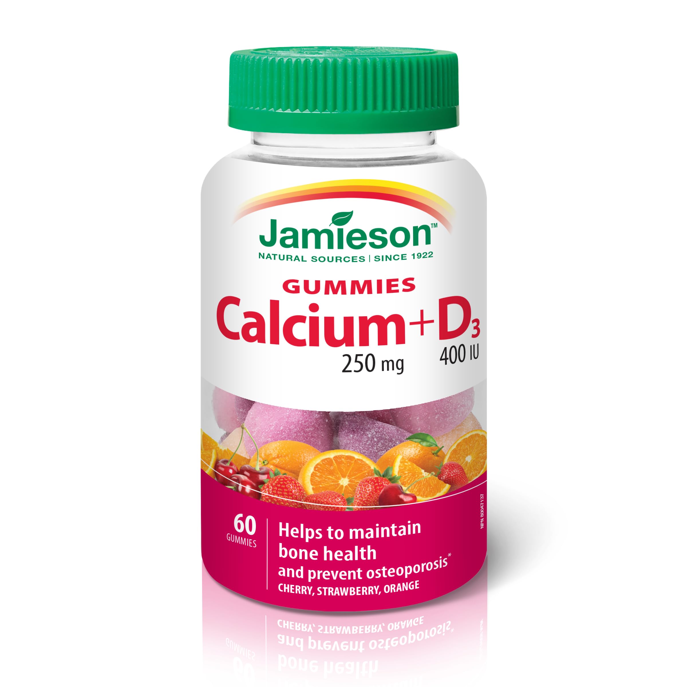 Jamieson Calcium 250 mg with Vitamin D3 400 IU Gummies, Cherry, Strawberry, and Orange Flavours, Helps Prevent Osteoporosis, Supports Strong Bones and Teeth. Non-GMO, Gluten-Free, No Artificial Colours, Flavours, or Preservatives, 60 Count, Proudly Canadi