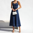 Women Sleeveless Sling Distressed Casual Style Button Denim Long Dress