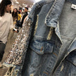 Street Fashion Heavy Industry lose Ripped Sequined Sleeve Denim Jacket Women