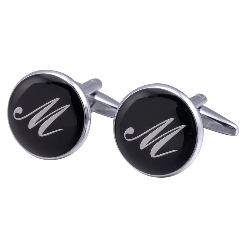 Men's Black Round Enamel Initial Letter Cufflinks – Brass & Crystal Formal Cufflinks A–Y | Canada & USA