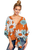 New V Neck Blouse Women Leopard Print Floral Tie Front Blouses Batwing Summer Oversize Ladies Tops