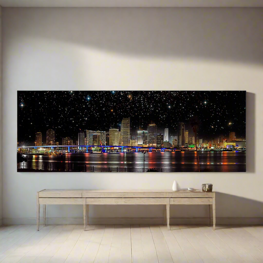 Miami de nuit - Horizon de la ville - Décoration murale sur toile - Vernis RGB