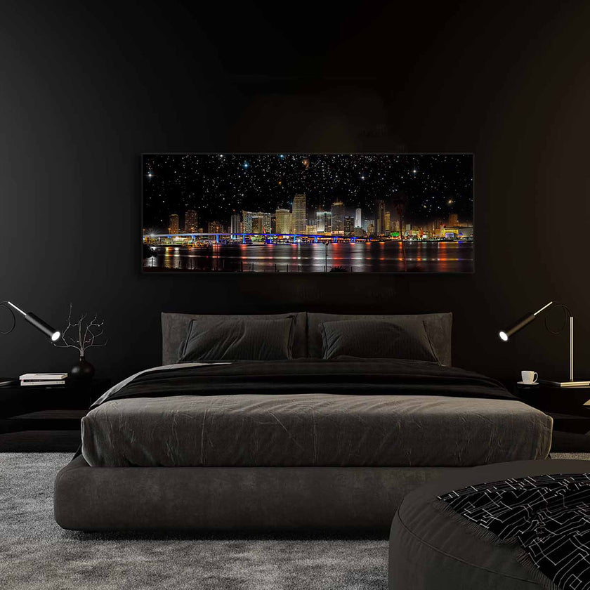 Miami de nuit - Horizon de la ville - Décoration murale sur toile - Vernis RGB