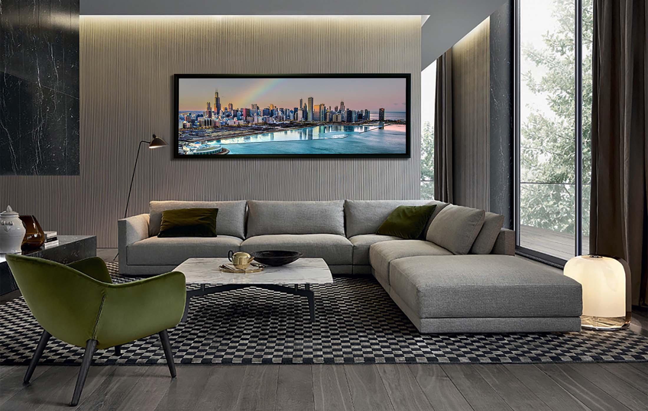 Vue nocturne de la baie de Chicago - Horizon de la ville - Grand tableau sur toile