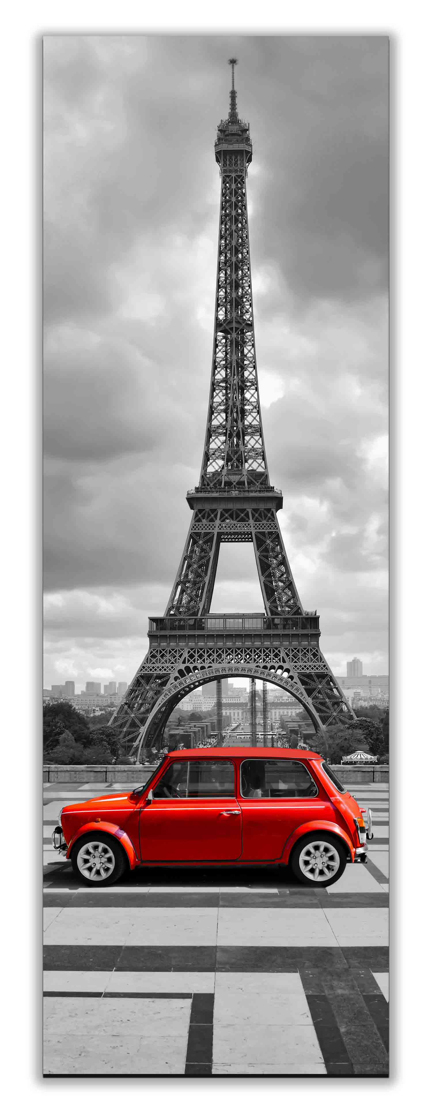 Wall Art Eiffel Tower in Black & White with Red Car in Foreground 24