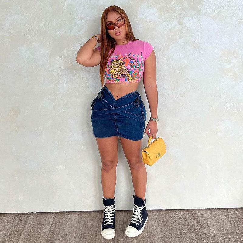 Cross School Bag Buckle V-shaped Waist Workwear Denim Mini  Cargo Skirt