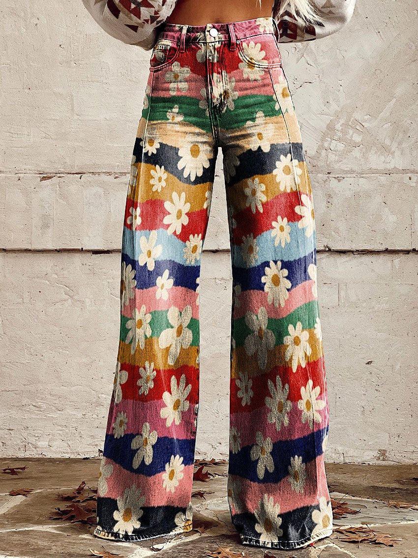 Graphic Printed Pants for Women – Stretch Denim Look Casual Trousers