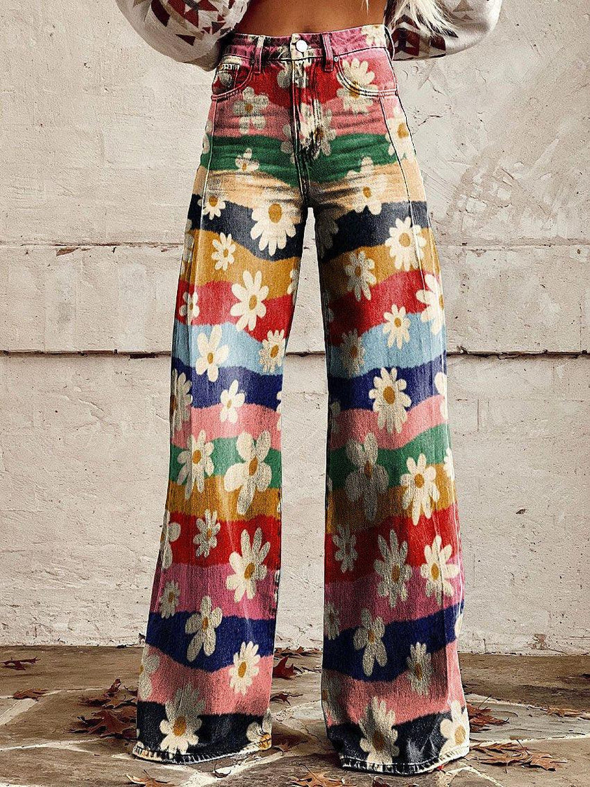 Graphic Printed Pants for Women – Stretch Denim Look Casual Trousers