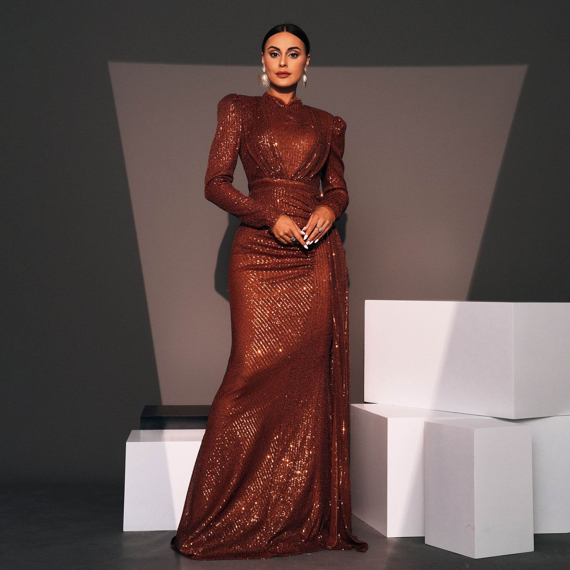 Long Sleeve Round Neck Slim Long Sequined Banquet Dress