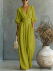 Women's Wide-Leg Jumpsuit High Waist Pleated Three-Quarter Sleeve Elegant Workwear