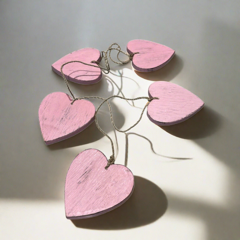 Hanging String Of 5 Wooden Hearts