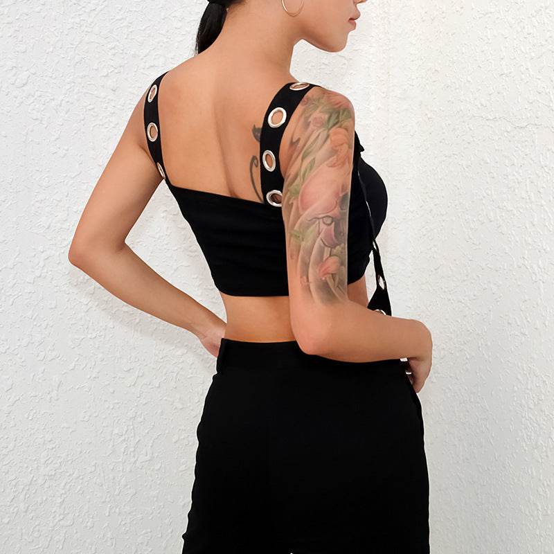 Summer Spring Black Tank Top Women Sleeveless Cropped Tops Hollow  Bustier Top Streetwear