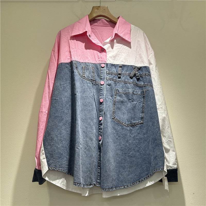 High-grade Contrast Color Patchwork Cotton Denim Long Sleeve Loose Shirt Women