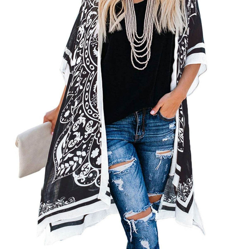 Spring Summer Printed Sun Protection Beach Kimono Cardigan Blouse top Women