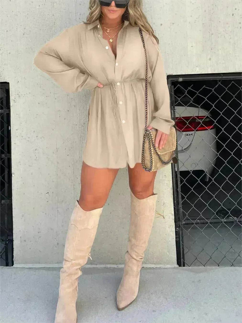 Elegant Women's Long Sleeve  Button down Shirt Dress  Fashionable Short Outfit Set Two piece Suit  Set