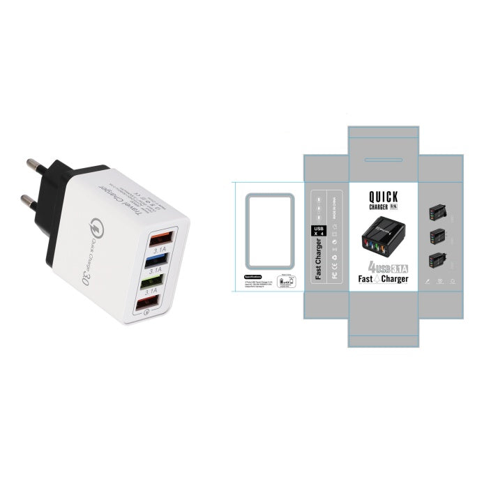 4-Port USB Wall Charger with Quick Charge 3.0 – EU, UK & US Plug | Multi-Colour