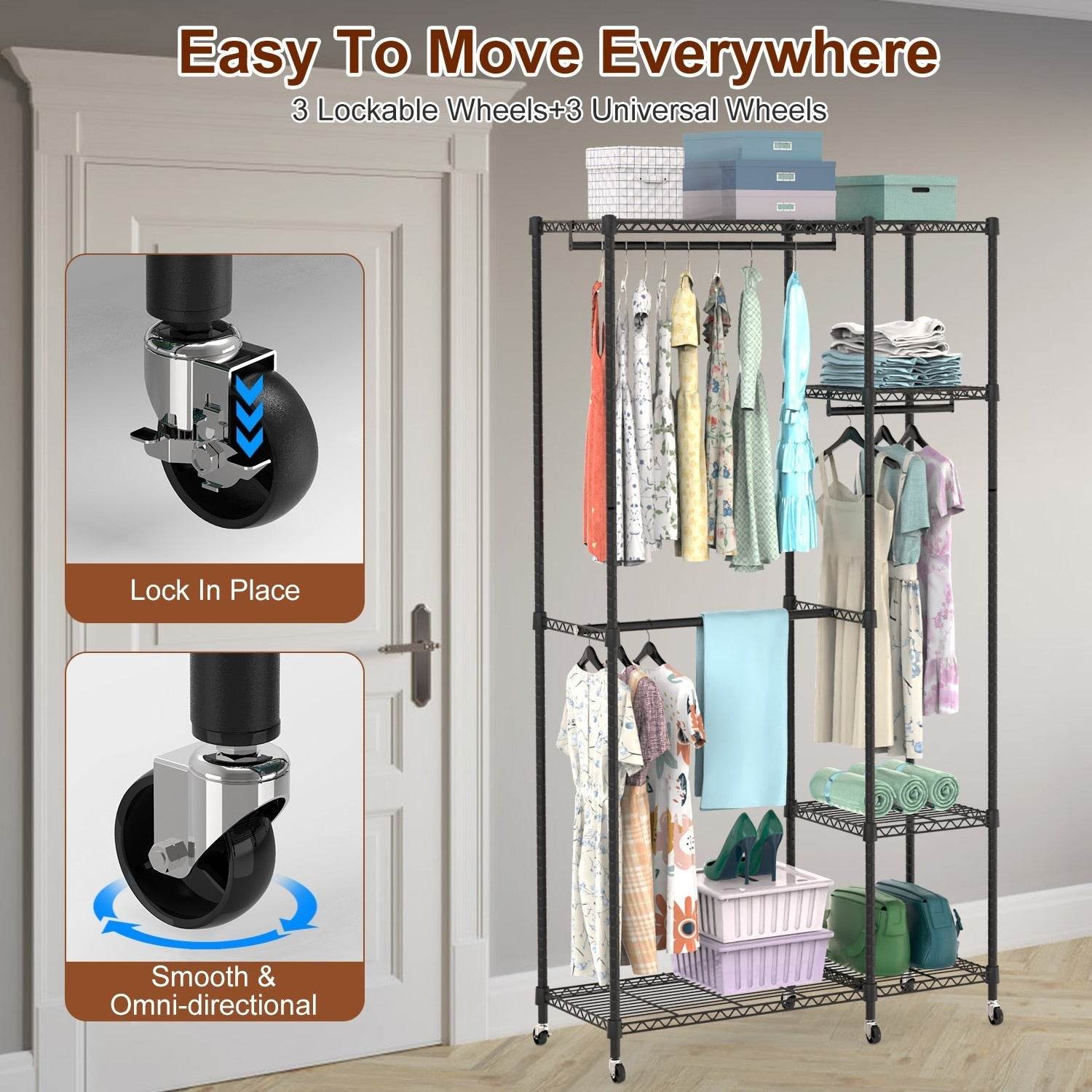 1Pc 4 Tier Heavy Duty Garment Rack With Wheels Carbon Steel Clothing Rack Portable Wardrobe Clothes Rack With 3 Hanging Rods 6 Footrests 44.9x17.13x77.95in