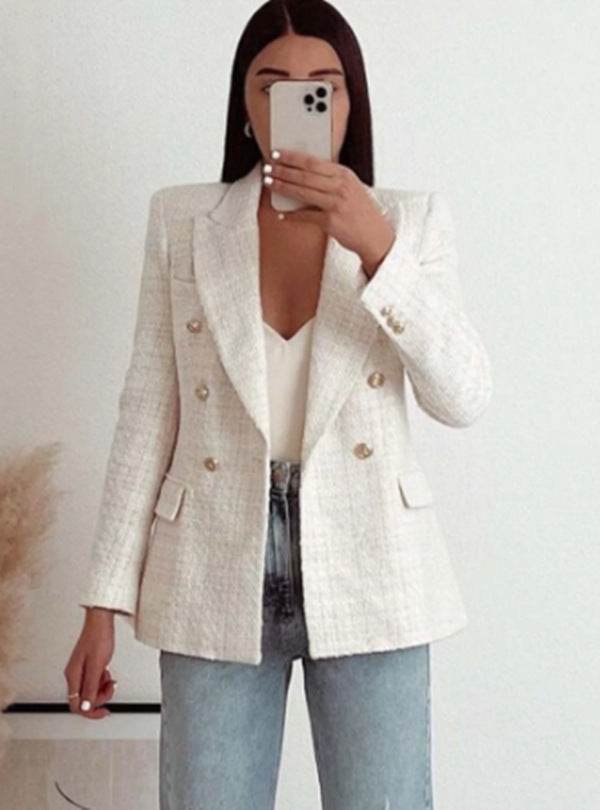 Classy Urban Women Textured Double Breasted Tweed Blazer