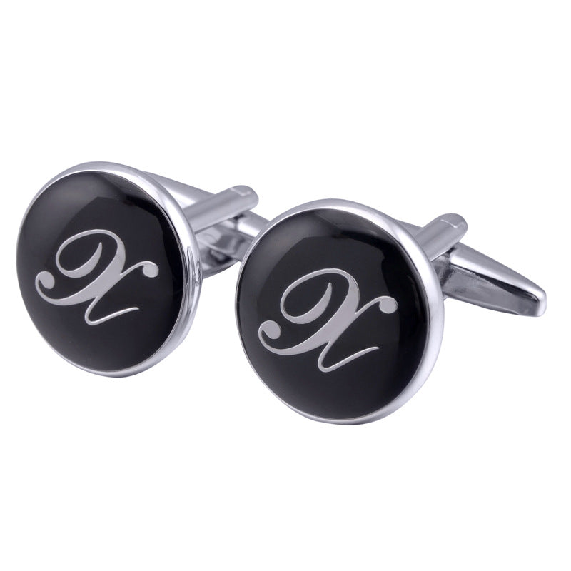 Men's Black Round Enamel Initial Letter Cufflinks – Brass & Crystal Formal Cufflinks A–Y | Canada & USA