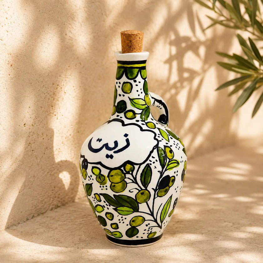 Handmade Ceramic Olive Oil Jug 11×11×20 cm – Oil Dispenser with Zatoun, Olive Tree & Colorful Designs