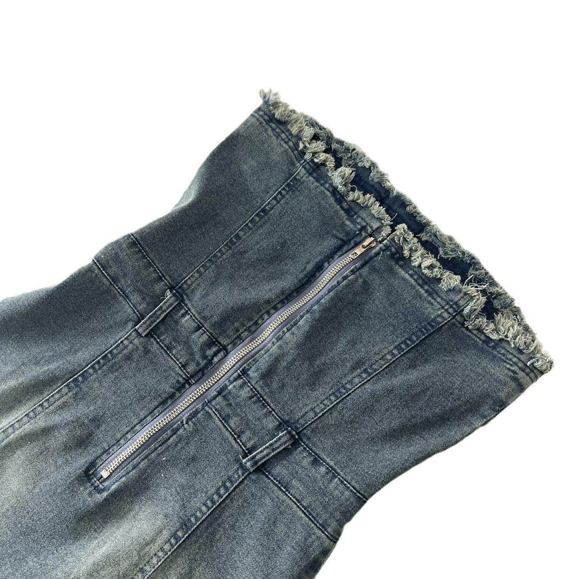 Design Waist-tight Tube Top Raw Edge Denim jeans mini club Dress
