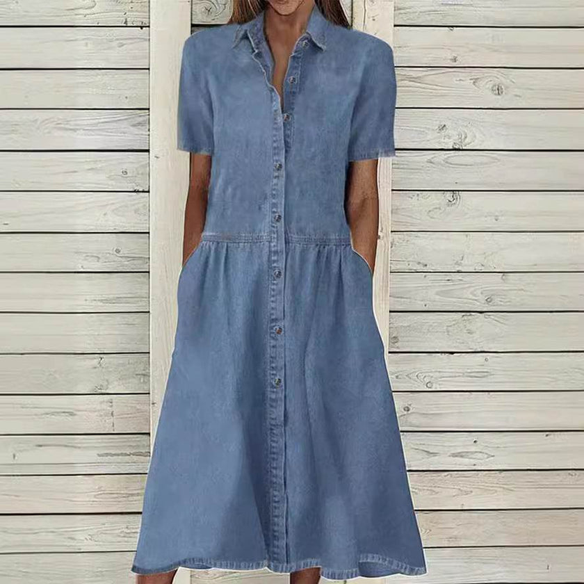 Women's European And American Lapel Casual loose button down Midi Denim jeans Mum Dress