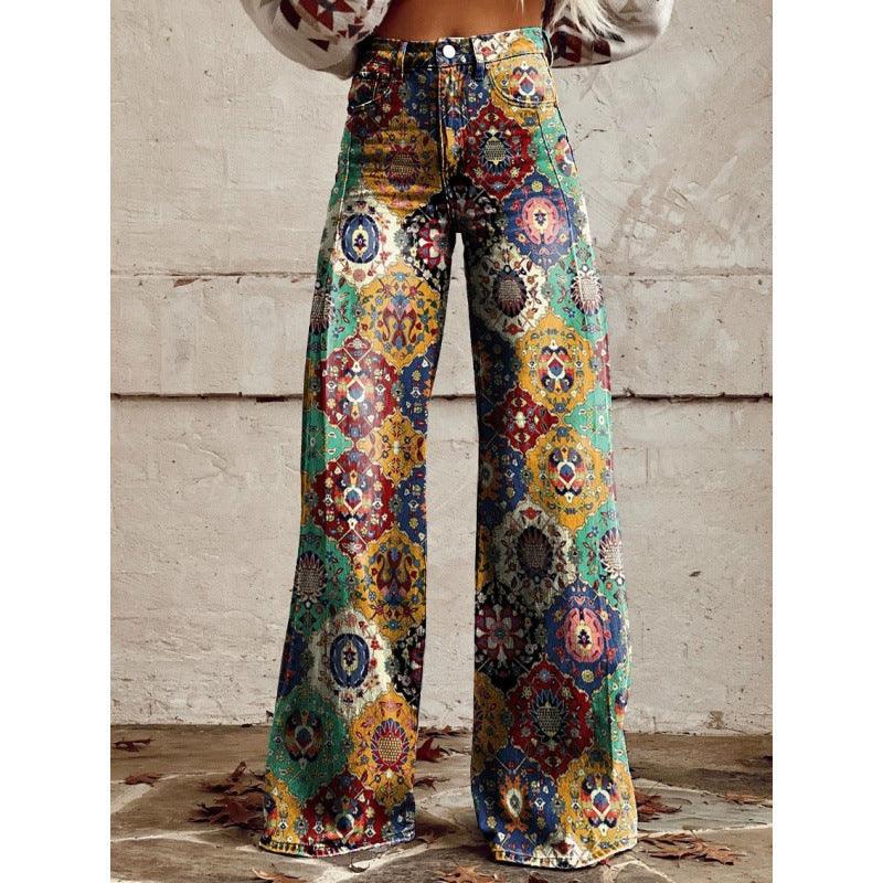 Women's 3D Graphic Print Flare Pants – Plus Size Mid-Waist Wide Leg Printed Trousers