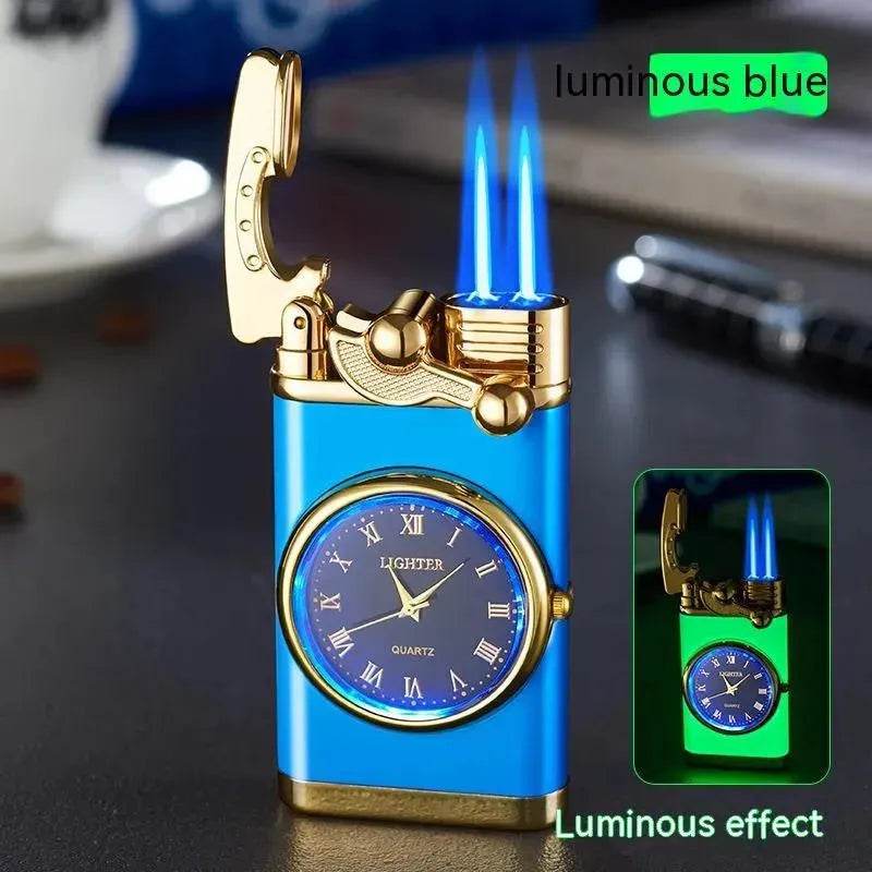 New Lighter With Electric Watch Rocker Arm Automatic Ignition Straight Blue Flame Lighter Creative Real Dial Inflatable Windproof Cigar Lighter Men's Watch Gift