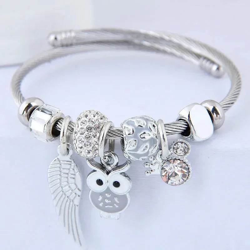 DIY Beaded Owl Angel Wings Pendant Stainless Steel Bracelet