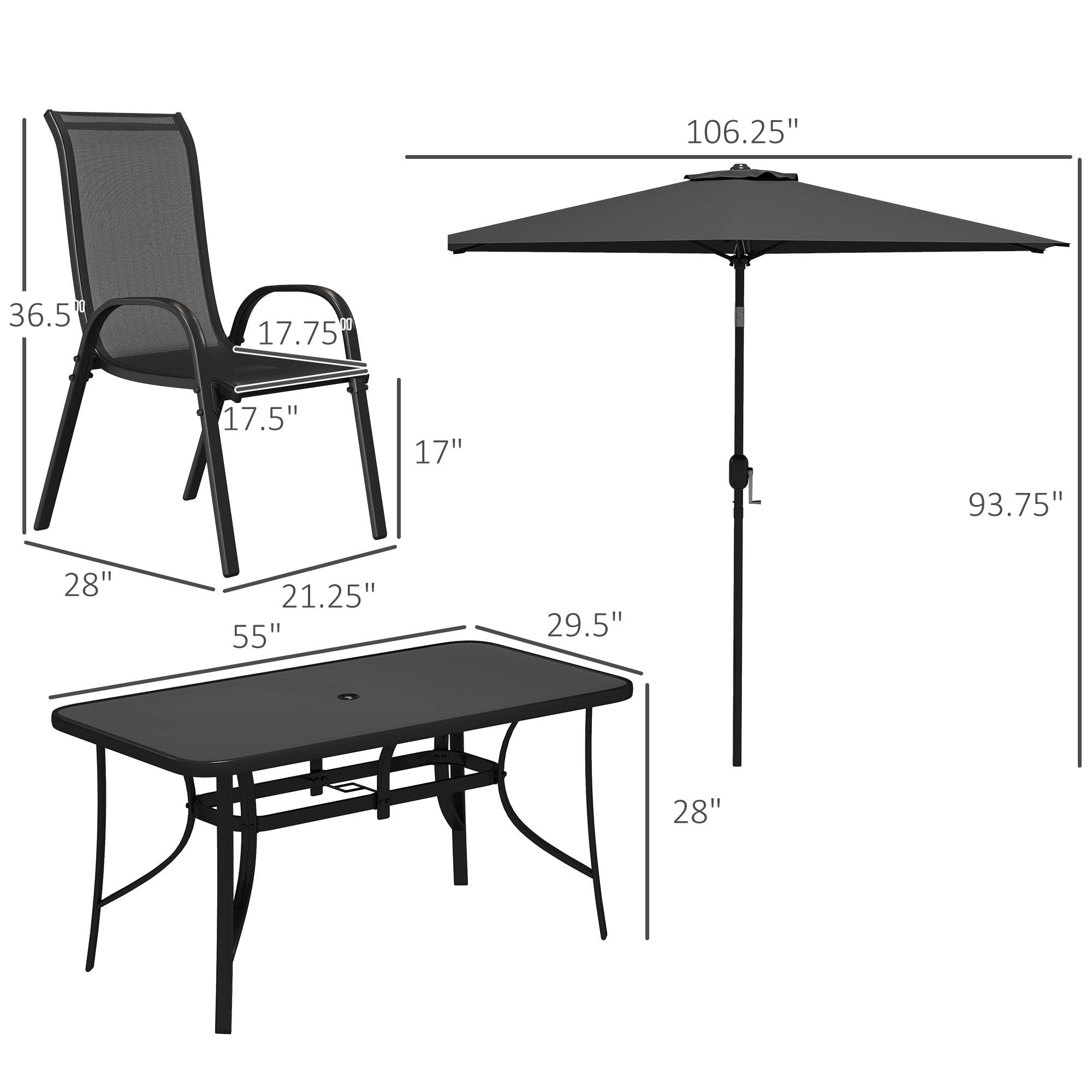 8 Pieces Patio Furniture Set with 9Ft Patio Umbrella, Outdoor Dining Table and Chairs, Black