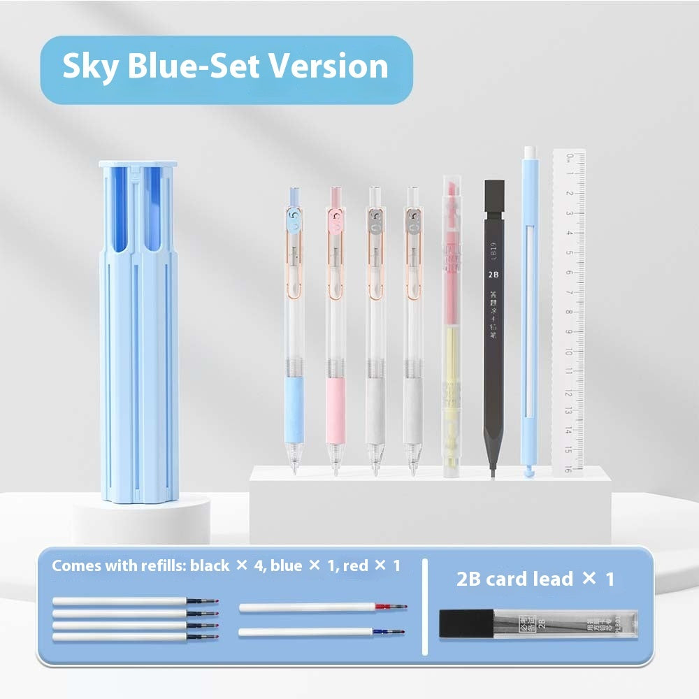 Portable 6-Pen Mechanical Pencil Set with Case – Simple & Suite Versions (White, Blue, Pink)