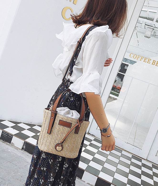 Women's bag hand-woven contrast color bucket straw bag cylinder handbag diagonal shoulder beach bag