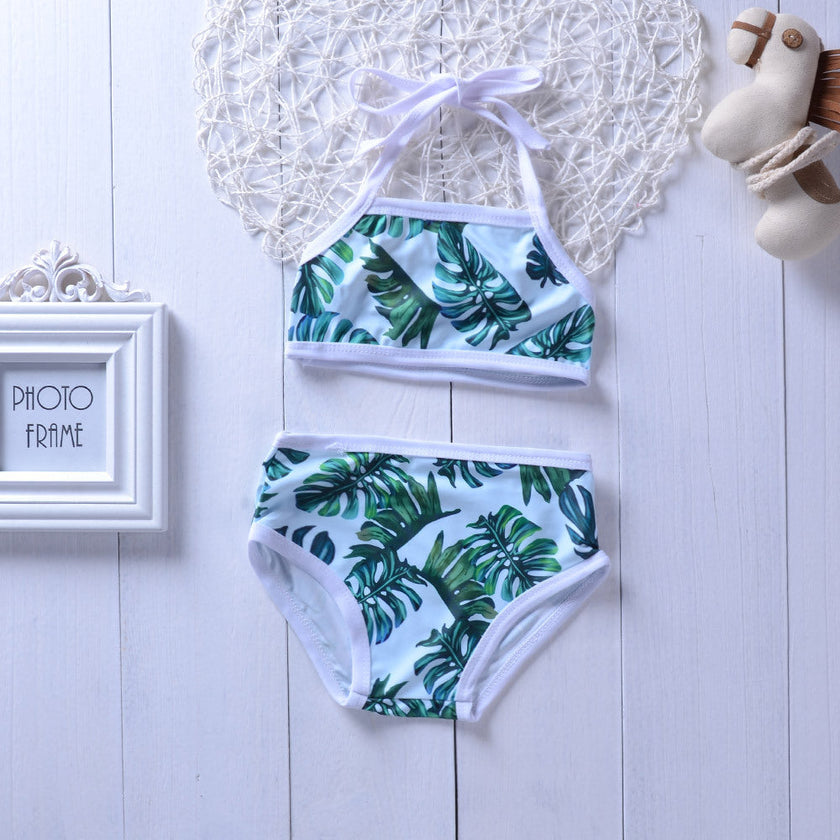 Baby Girls 2-Piece Split Swimsuit – Leaf Print Polyester Swimwear for Kids (80–120cm)