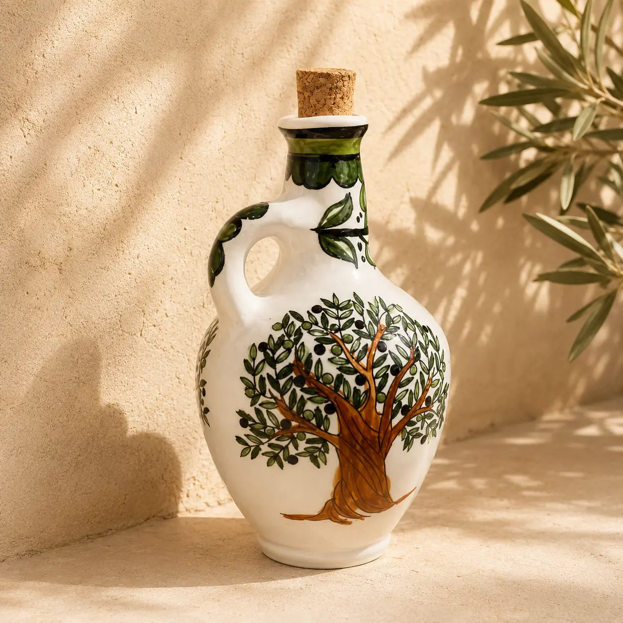 Handmade Ceramic Olive Oil Jug 11×11×20 cm – Oil Dispenser with Zatoun, Olive Tree & Colorful Designs