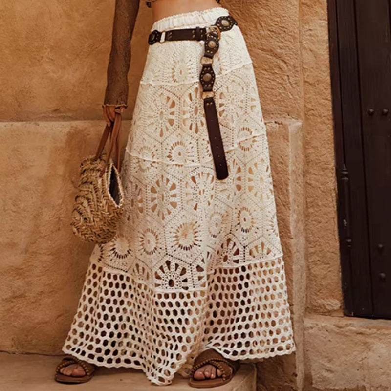 Spring Summer Crochet Lace Patchwork A- Line Beach Skirt Holiday Style Hollow-out flared flowy Maxi Skirt