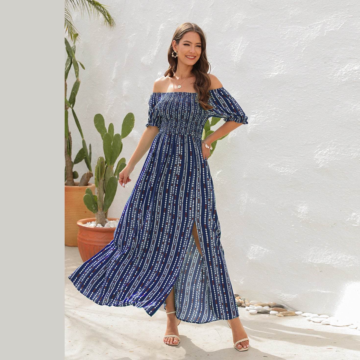 Elegant Off shoulder Spring Summer Maxi dress Slit Chiffon maxi dress for Beach vacation resort travel