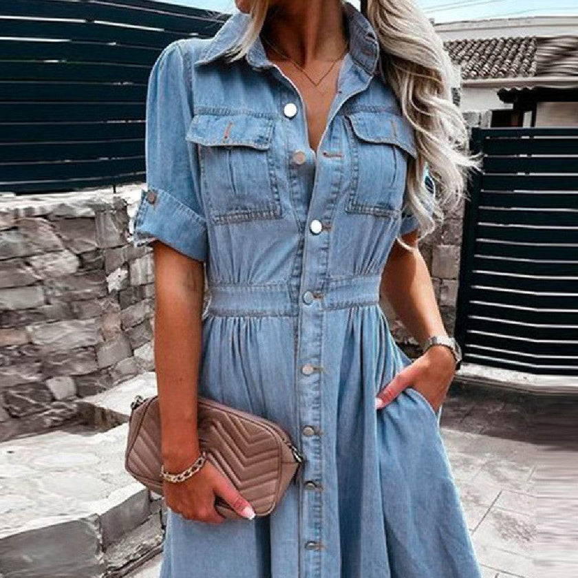 Women's Fashion Casual short sleeve button down  Denim midi Dress