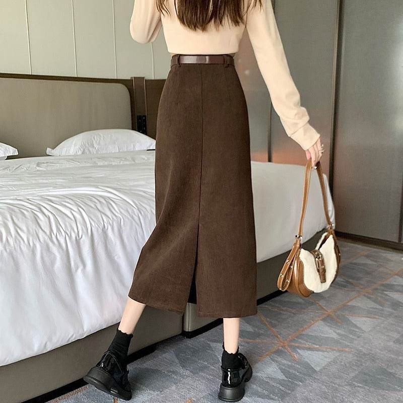 French-style Back slit High waist Midi Corduroy pencil Skirt for women