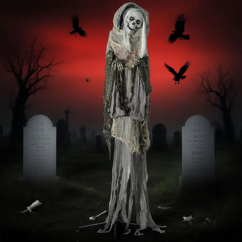 74inch Life Size Outdoor Halloween Decorations Skeleton Witch, Sound And Motion Activated Animated Prop Animatronic Decor With Light Up Eyes, Spooky Sound