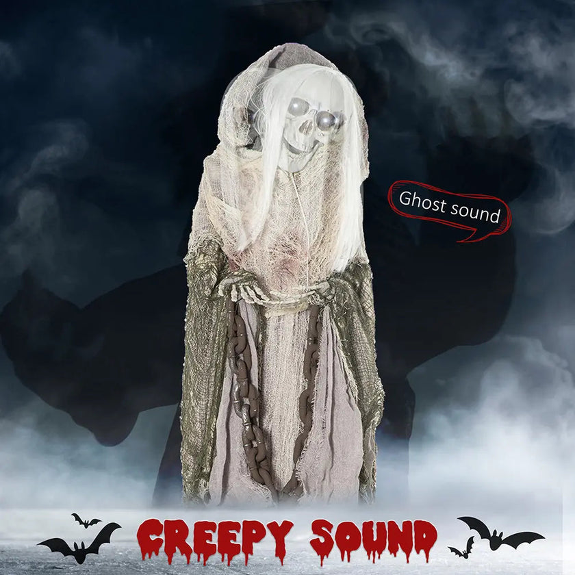 74inch Life Size Outdoor Halloween Decorations Skeleton Witch, Sound And Motion Activated Animated Prop Animatronic Decor With Light Up Eyes, Spooky Sound