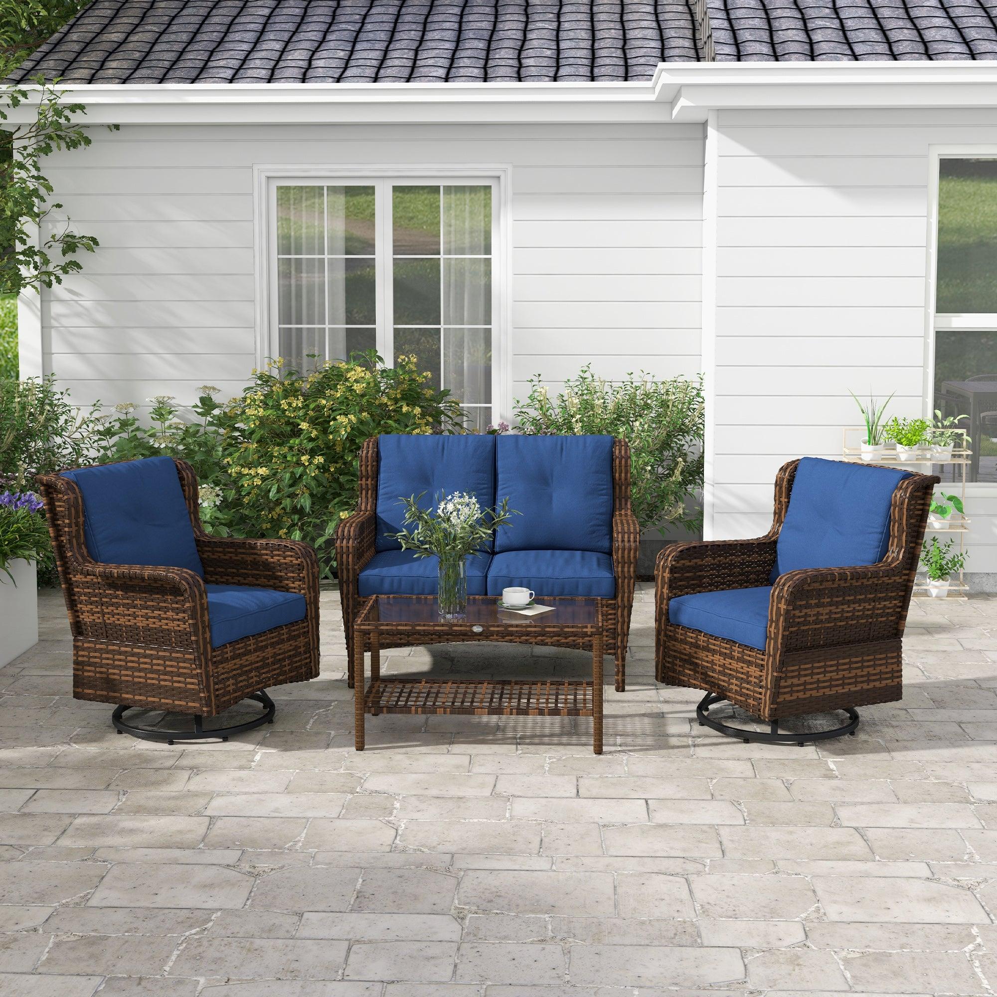 4 Piece Rattan Patio Furniture Set, Conversation Set with Swivel Glider Chairs Table Loveseat for Garden, Patio, Blue
