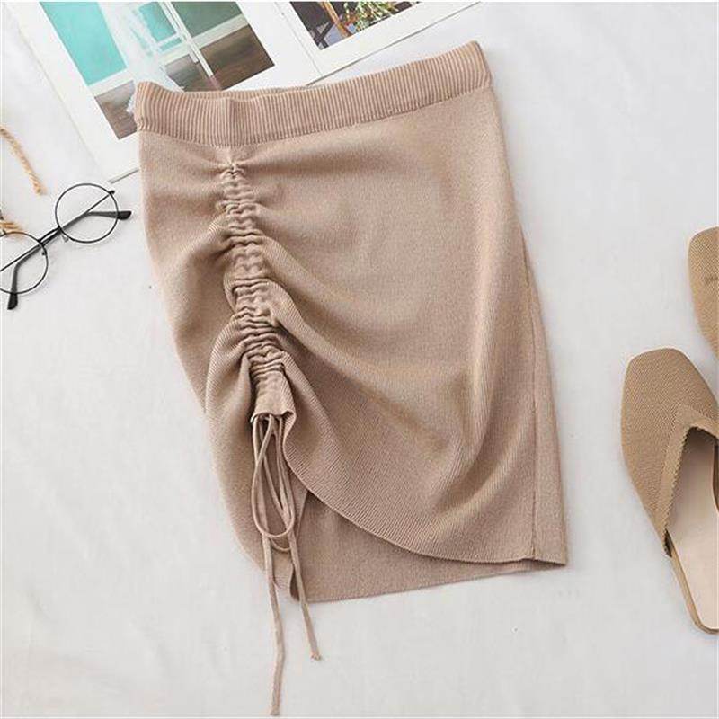 Hot Girl Hip Skirt Design High Waist With Straps Stretch Knitted Women's Mini Drawstring Split Skirt