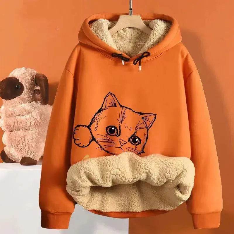 Women’s Oversized Fleece Hoodie – Cute Cat Graphic Sherpa Lined Pullover Sweatshirt with Pocket